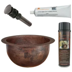Premier Copper Products 10" Round Under Counter Hammered Copper Bathroom Sink, Matching Drain and Accessories, Oil Rubbed Bronze, BSP5_LR10FDB-P