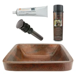 Premier Copper Products 19" Rectangle Skirted Vessel Hammered Copper Bathroom Sink, Matching Drain and Accessories, Oil Rubbed Bronze, BSP5_VREC19SKDB-P