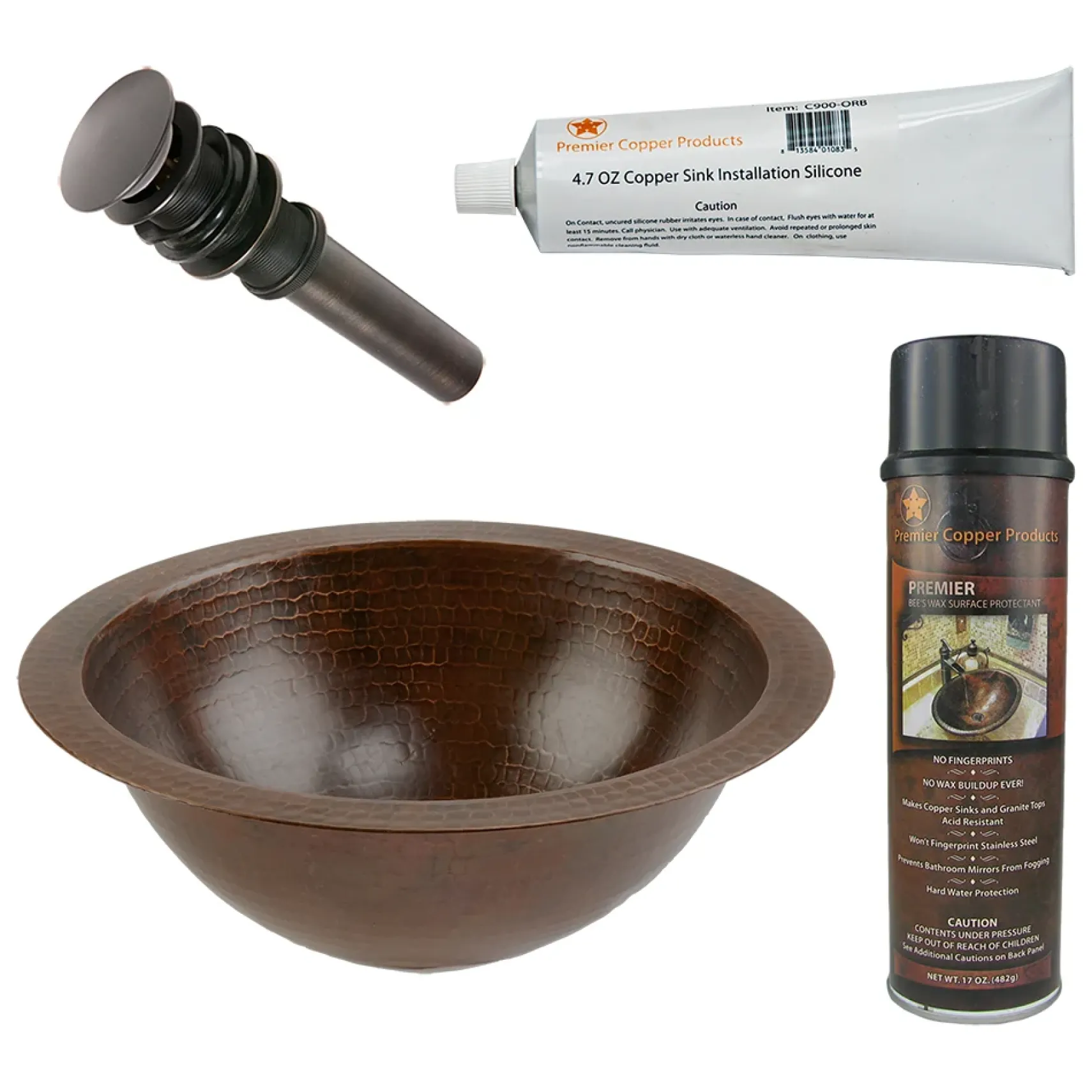 Premier Copper Products 12" Round Under Counter Hammered Copper Bathroom Sink, Matching Drain and Accessories, Oil Rubbed Bronze, BSP5_LR12FDB-P