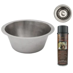 Premier Copper Products 16" Round Hammered Copper Bar Sink in Nickel w/ 2" Drain Opening, Matching Drain and Accessories, BSP5_BR16EN2-B