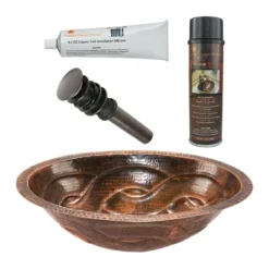 Premier Copper Products 19" Oval Braid Under Counter Hammered Copper Bathroom Sink, Matching Drain and Accessories, Oil Rubbed Bronze, BSP5_LO19FBDDB-P