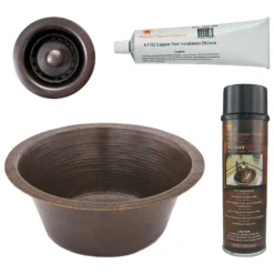 Premier Copper Products 16" Round Hammered Copper Bar Sink w/ 2" Drain Opening, Matching Drain and Accessories, Oil Rubbed Bronze, BSP5_BR16DB2-B