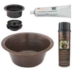 Premier Copper Products 16" Round Hammered Copper Prep Bar Sink w/ 3.5" Drain Opening, Matching Drain and Accessories, Oil Rubbed Bronze, BSP5_BR16DB3-G