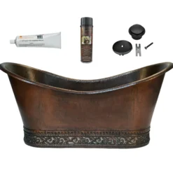 Premier Copper Products 67" Hammered Copper Double Slipper Bathtub with Scroll Base and Nickel Inlay and Drain Package, Oil Rubbed Bronze, BSP5_BTN67DB