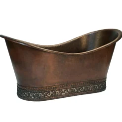 Premier Copper Products 67" Hammered Copper Double Slipper Bathtub with Scroll Base and Nickel Inlay and Drain Package, Oil Rubbed Bronze, BSP5_BTN67DB