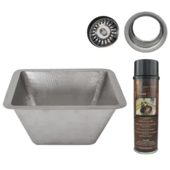 Premier Copper Products 15" Square Hammered Copper Bar/Prep Sink in Nickel w/ 3.5" Drain Opening, Matching Drain and Accessories, BSP5_BS15EN3-G