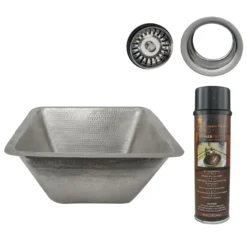 Premier Copper Products 17" Large Square Hammered Copper Bar/Prep Sink in Nickel, Matching Drain and Accessories, BSP5_BS17EN-G