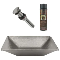 Premier Copper Products 17" Modern Rectangle Hand Forged Old World Copper Vessel Bathroom Sink in Nickel, Matching Drain and Accessories, BSP5_PVMRECEN-P
