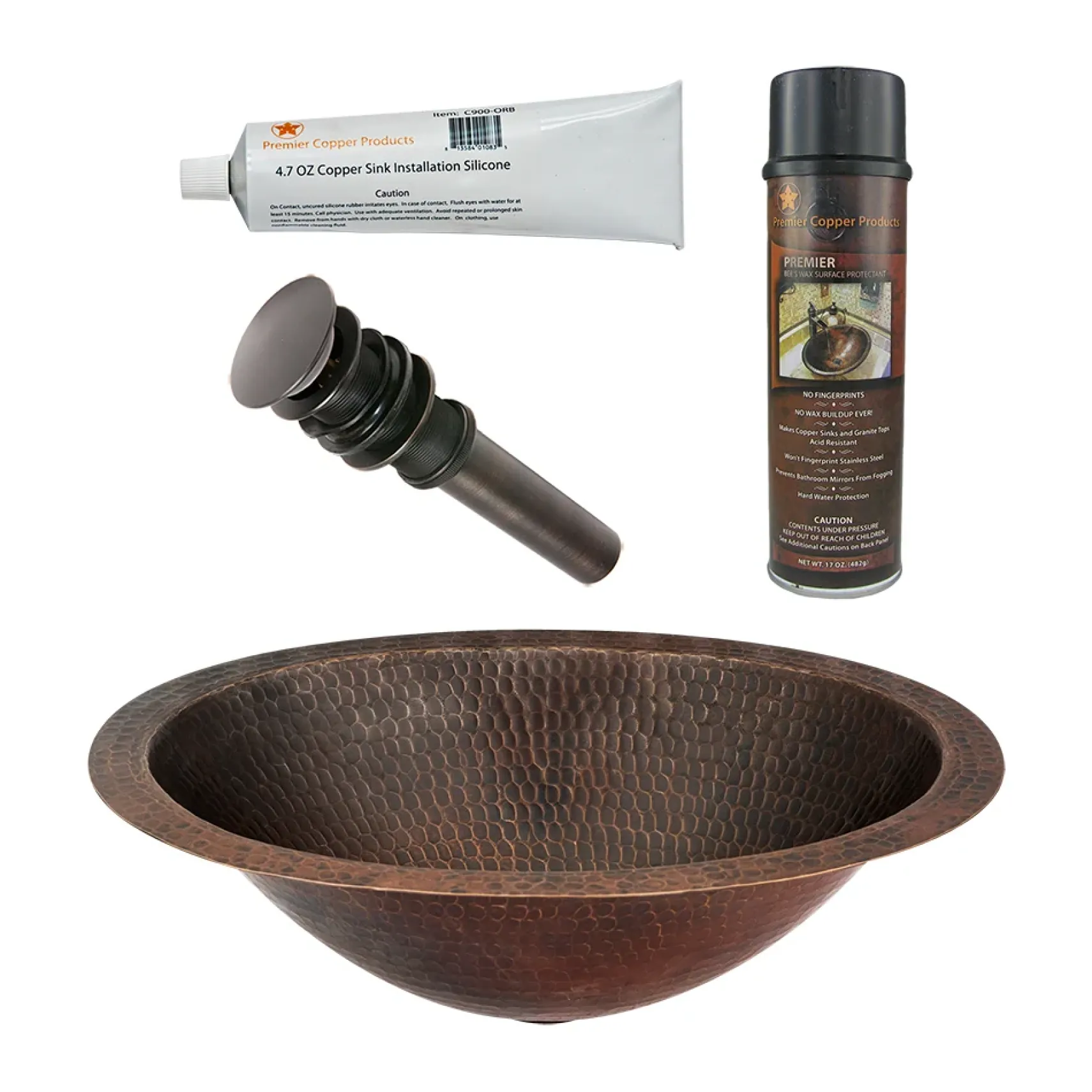 Premier Copper Products 15" Oval Under Counter Hammered Copper Bathroom Sink, Matching Drain and Accessories, Oil Rubbed Bronze, BSP5_LO15FDB-P