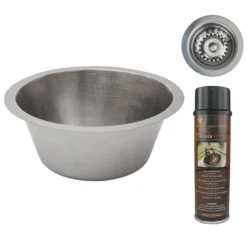 Premier Copper Products 16" Round Hammered Copper Prep Bar Sink in Nickel w/ 3.5" Drain Opening, Matching Drain and Accessories, BSP5_BR16EN3-D