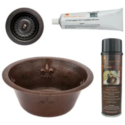 Premier Copper Products 16" Round Copper Prep Bar Sink w/ Fleur De Lis and 3.5" Drain Opening, Matching Drain and Accessories, Oil Rubbed Bronze, BSP5_BR16FDB3-D