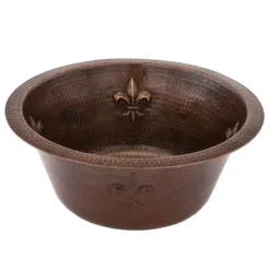 Premier Copper Products 16" Round Copper Prep Bar Sink w/ Fleur De Lis and 3.5" Drain Opening, Matching Drain and Accessories, Oil Rubbed Bronze, BSP5_BR16FDB3-D