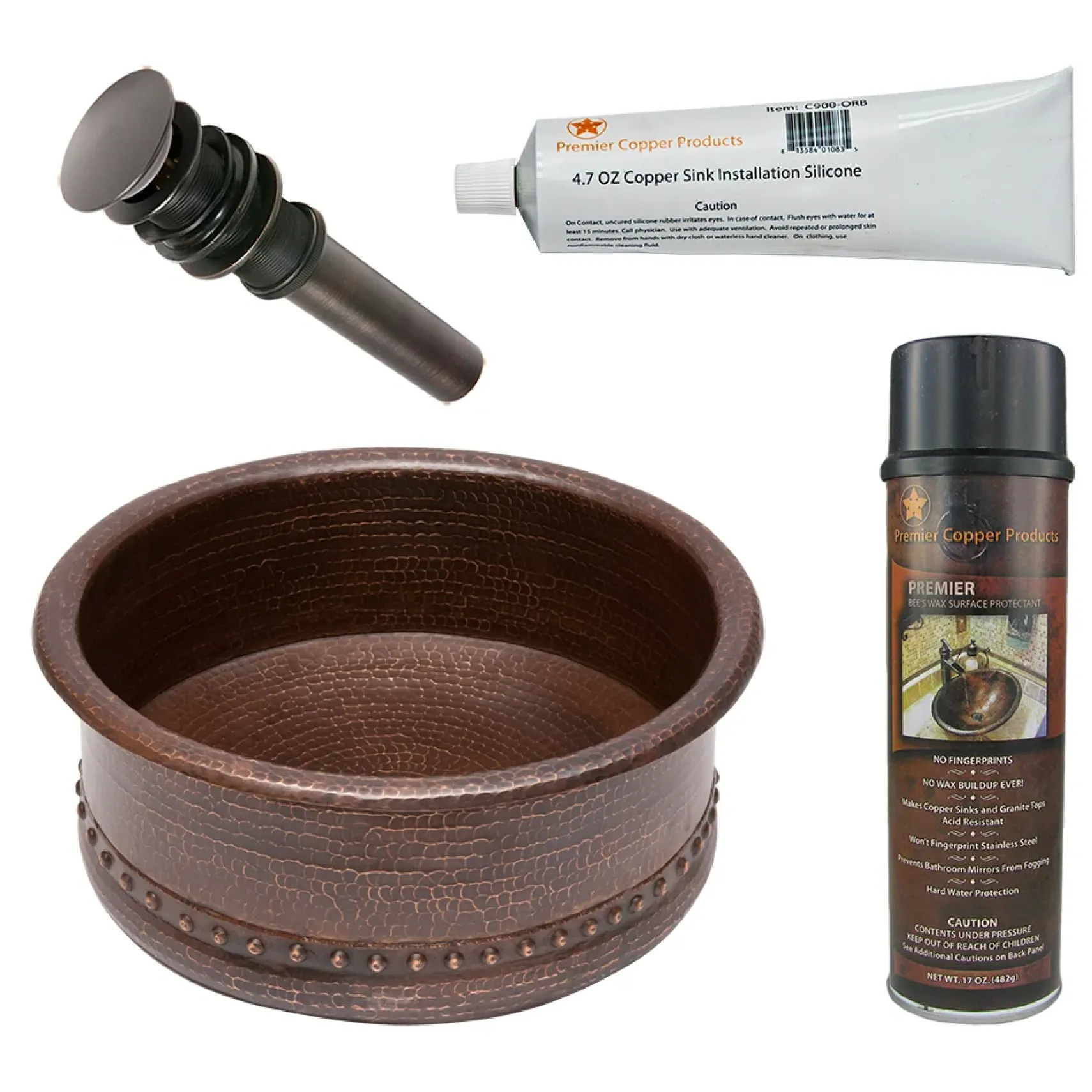 Premier Copper Products 15" Round Vessel Tub Hammered Copper Bathroom Sink, Matching Drain and Accessories, Oil Rubbed Bronze, BSP5_VRT15DB-P