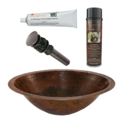 Premier Copper Products 20" Master Bath Oval Under Counter Hammered Copper Bathroom Sink, Matching Drain and Accessories, Oil Rubbed Bronze, BSP5_LO20FDB-P