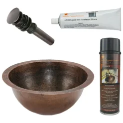 Premier Copper Products 14" Round Under Counter Hammered Copper Bathroom Sink, Matching Drain and Accessories, Oil Rubbed Bronze, BSP5_LR14FDB-P