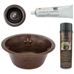Premier Copper Products 16" Round Copper Bar Sink w/ Fleur De Lis and 2" Drain Opening, Matching Drain and Accessories, Oil Rubbed Bronze, BSP5_BR16FDB2-B