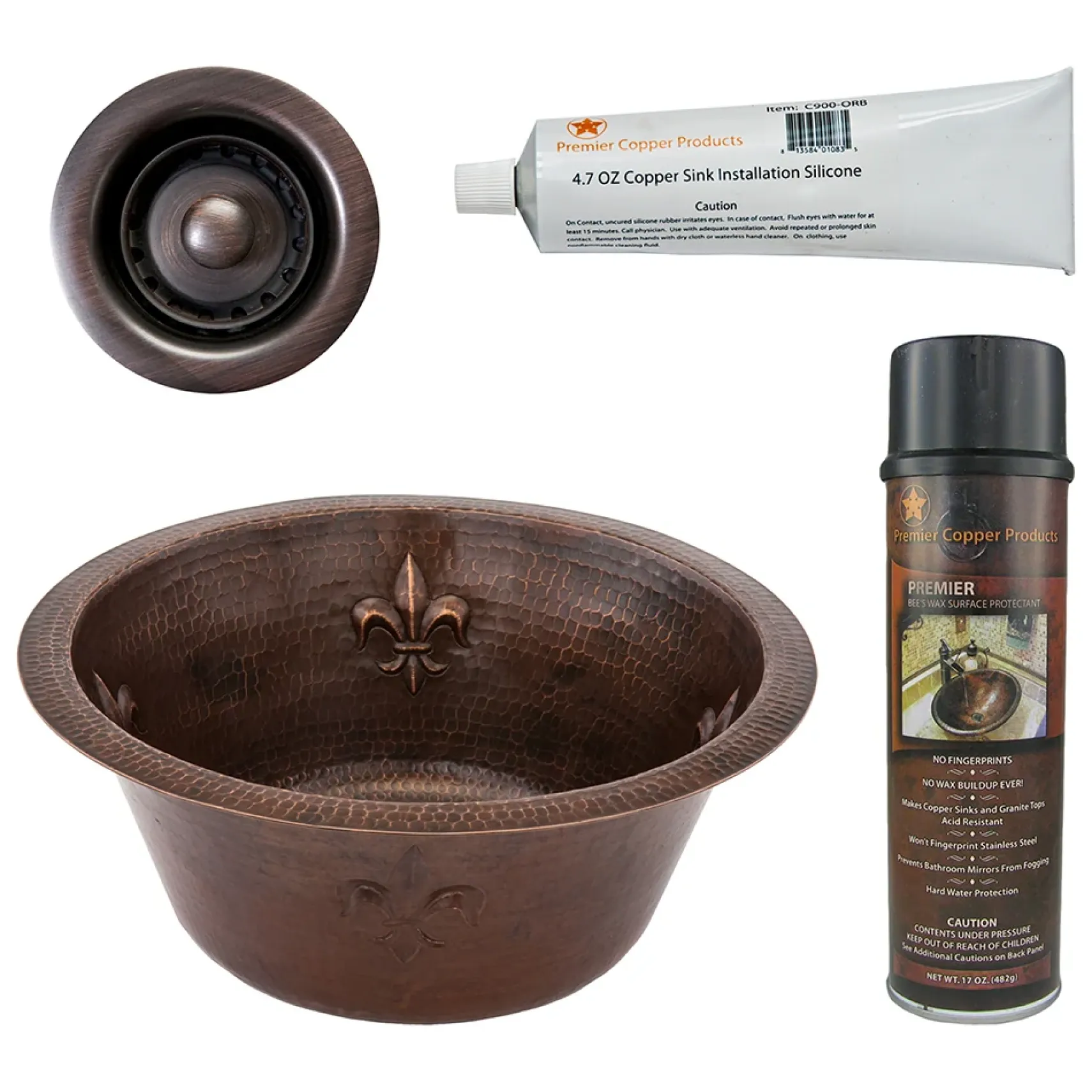 Premier Copper Products 16" Round Copper Bar Sink w/ Fleur De Lis and 2" Drain Opening, Matching Drain and Accessories, Oil Rubbed Bronze, BSP5_BR16FDB2-B