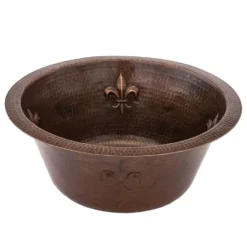 Premier Copper Products 16" Round Copper Bar Sink w/ Fleur De Lis and 2" Drain Opening, Matching Drain and Accessories, Oil Rubbed Bronze, BSP5_BR16FDB2-B