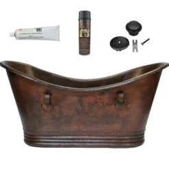 Premier Copper Products 72" Hammered Copper Double Slipper Bathtub With Rings and Drain Package, Oil Rubbed Bronze, BSP5_BTDR72DB