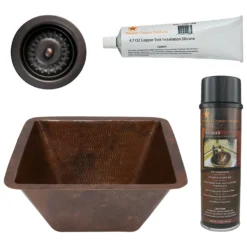 Premier Copper Products 15" Square Hammered Copper Bar/Prep Sink w/ 3.5" Drain Opening, Matching Drain and Accessories, Oil Rubbed Bronze, BSP5_BS15DB3-D
