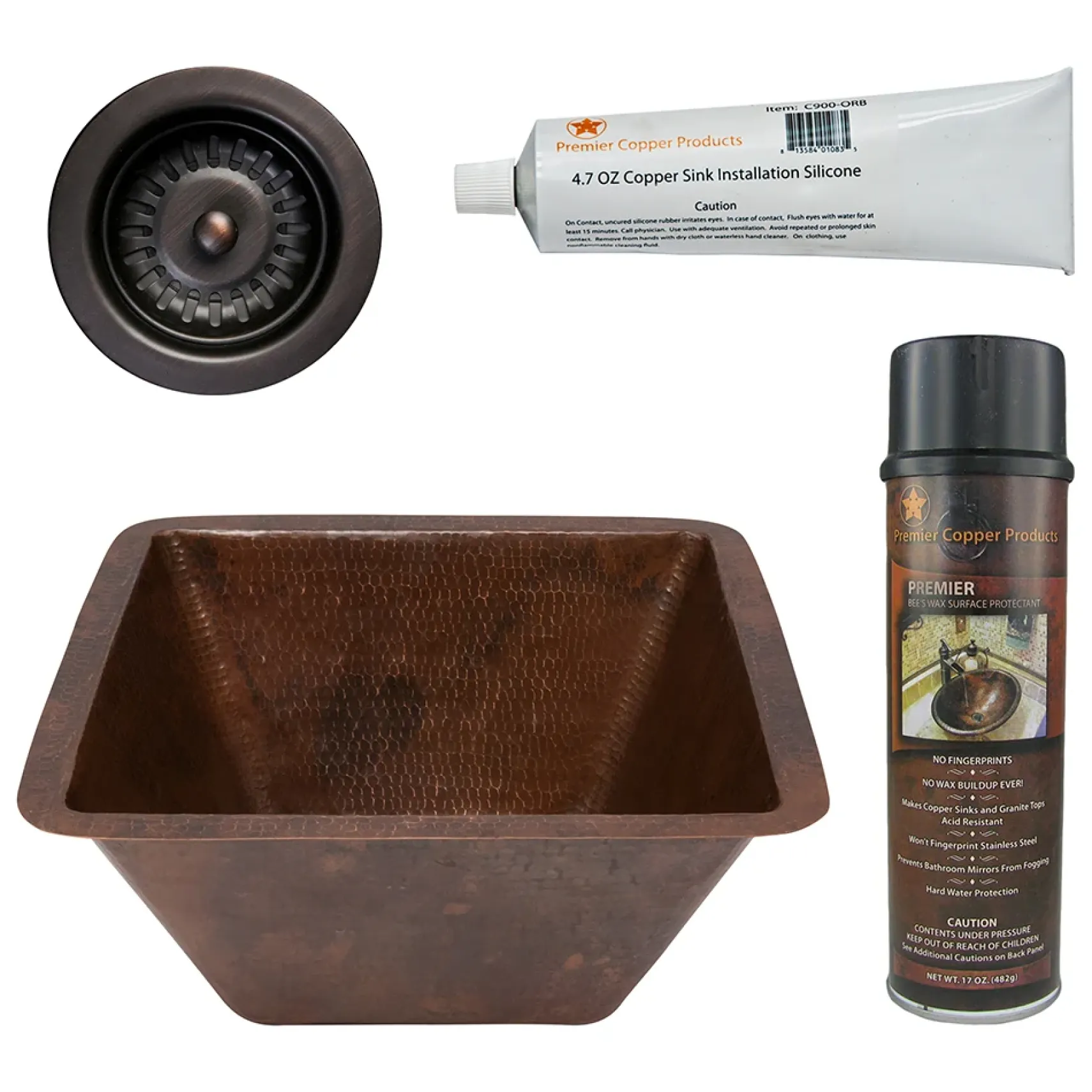 Premier Copper Products 15" Square Hammered Copper Bar/Prep Sink w/ 3.5" Drain Opening, Matching Drain and Accessories, Oil Rubbed Bronze, BSP5_BS15DB3-D