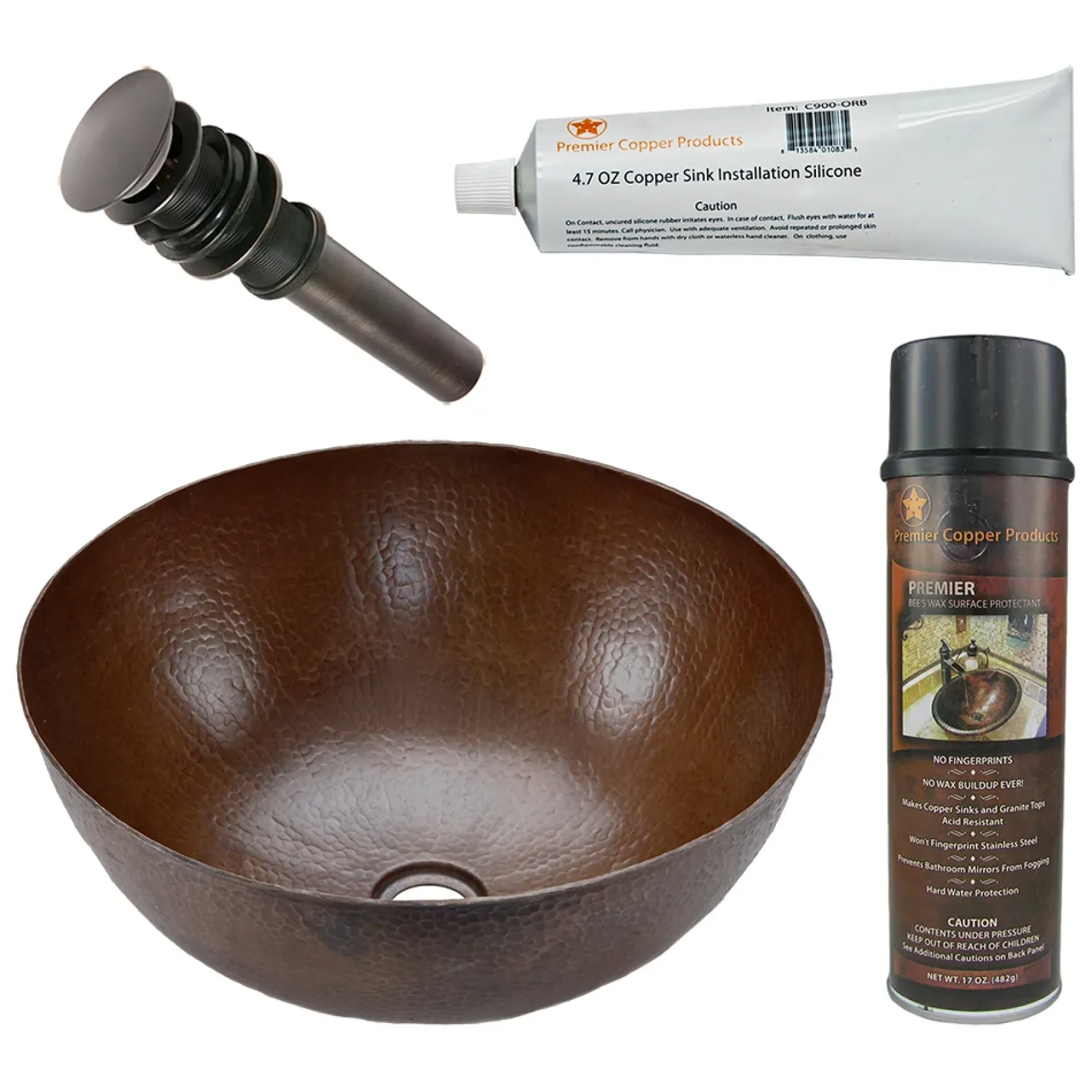 Premier Copper Products 13" Small Round Vessel Hammered Copper Bathroom Sink, Matching Drain and Accessories, Oil Rubbed Bronze, BSP5_VR13BDB-P