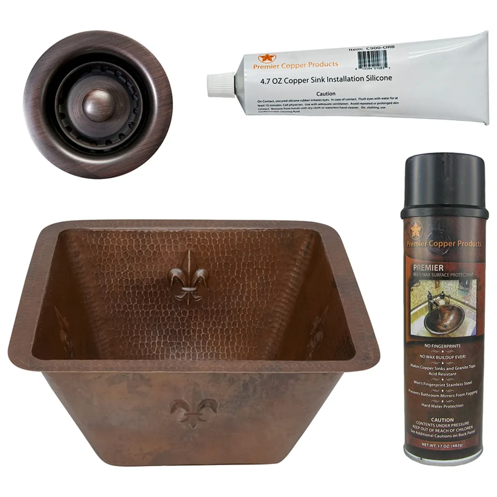 Premier Copper Products 15" Square Fleur De Lis Copper Bar/Prep Sink w/ 2" Drain Opening, Matching Drain and Accessories, Oil Rubbed Bronze, BSP5_BS15FDB2-B