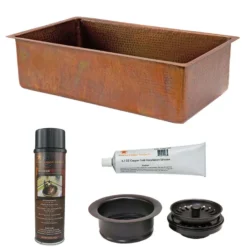 Premier Copper Products 33" Antique Hammered Copper Kitchen Single Basin Sink with Matching Drain and Accessories, Antique Copper, KSP3_KSB33199
