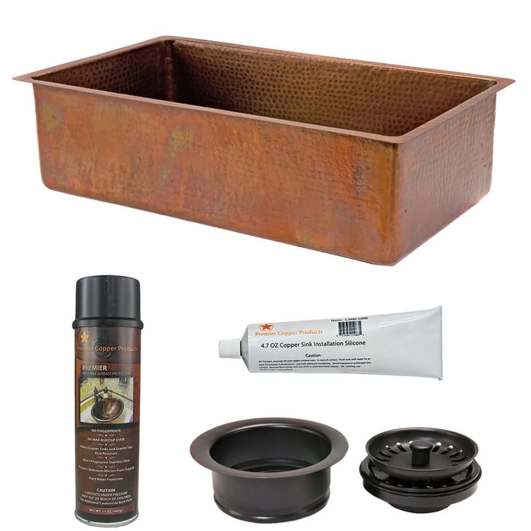 Premier Copper Products 33" Antique Hammered Copper Kitchen Single Basin Sink with Matching Drain and Accessories, Antique Copper, KSP3_KSB33199