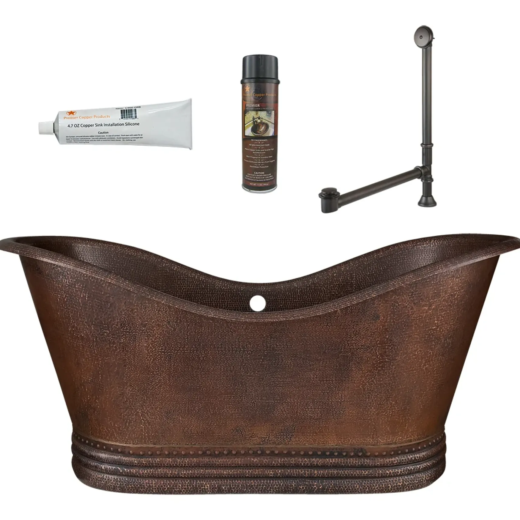 Premier Copper Products 67" Hammered Copper Double Slipper Bathtub with Overflow Holes and Drain Package, Oil Rubbed Bronze, BSP5_BTD67DBOF