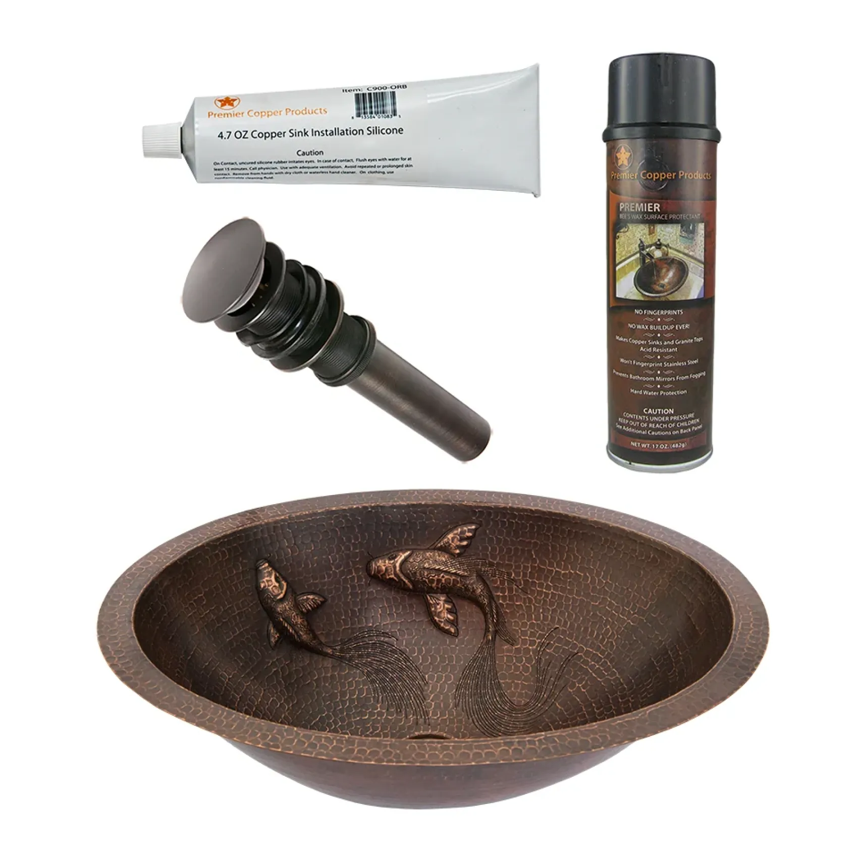 Premier Copper Products 19" Oval Under Counter Hammered Copper Bathroom Sink with Koi Fish Design, Matching Drain and Accessories, Oil Rubbed Bronze, BSP5_LO19FKOIDB-P