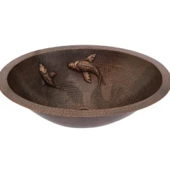 Premier Copper Products 19" Oval Under Counter Hammered Copper Bathroom Sink with Koi Fish Design, Matching Drain and Accessories, Oil Rubbed Bronze, BSP5_LO19FKOIDB-P