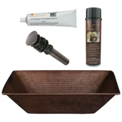 Premier Copper Products 17" Rectangle Wired Rim Vessel Hammered Copper Bathroom Sink, Matching Drain and Accessories, Oil Rubbed Bronze, BSP5_VREC17WDB-P
