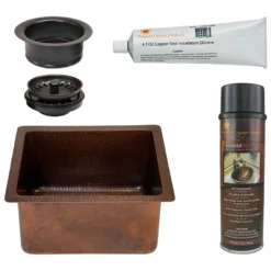 Premier Copper Products 16" Gourmet Rectangular Hammered Copper Bar/Prep Sink, Matching Drain and Accessories, Oil Rubbed Bronze, BSP5_BREC16DB-G