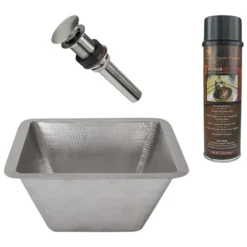 Premier Copper Products 15" Square Under Counter Hammered Copper Bathroom Sink in Nickel, Matching Drain and Accessories, BSP5_LSQ15EN-P
