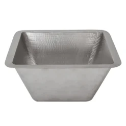 Premier Copper Products 15" Square Under Counter Hammered Copper Bathroom Sink in Nickel, Matching Drain and Accessories, BSP5_LSQ15EN-P