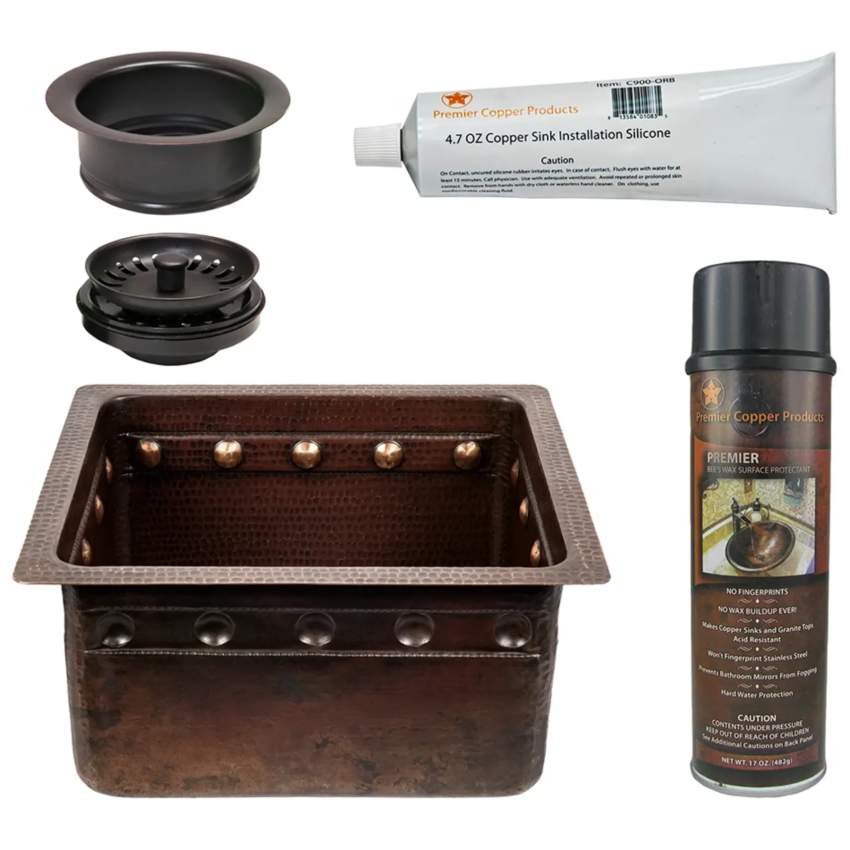 Premier Copper Products 16" Gourmet Rectangular Hammered Copper Bar/Prep Sink w/ Barrel Strap Design, Matching Drain and Accessories, Oil Rubbed Bronze, BSP5_BREC16DBBS-G
