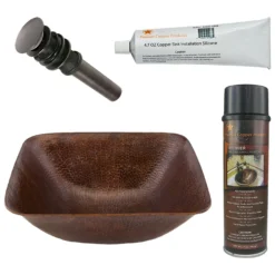 Premier Copper Products 14" Square Vessel Hammered Copper Bathroom Sink, Matching Drain and Accessories, Oil Rubbed Bronze, BSP5_VSQ14BDB-P