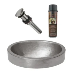 Premier Copper Products 18" Oval Skirted Vessel Hammered Copper Bathroom Sink in Nickel, Matching Drain and Accessories, BSP5_VO18SKEN-P