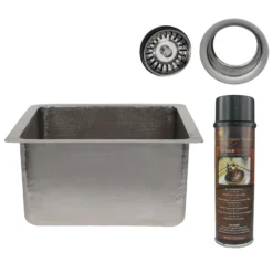 Premier Copper Products 16" Gourmet Rectangular Hammered Copper Bar/Prep Sink in Nickel, Matching Drain and Accessories, BSP5_BREC16EN-G