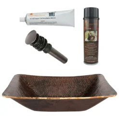 Premier Copper Products 17" Rectangle Hand Forged Old World Copper Vessel Bathroom Sink, Matching Drain and Accessories, Oil Rubbed Bronze, BSP5_PVREC17-P