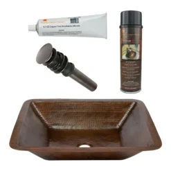 Premier Copper Products 19" Rectangle Under Counter Hammered Copper Bathroom Sink, Matching Drain and Accessories, Oil Rubbed Bronze, BSP5_LREC19DB-P