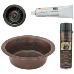 Premier Copper Products 14" Round Hammered Copper Prep Bar Sink w/ 3.5" Drain Opening, Matching Drain and Accessories, Oil Rubbed Bronze, BSP5_BR14DB3-D