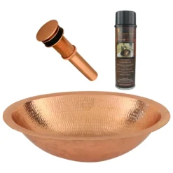 Premier Copper Products 19" Oval Under Counter Hammered Copper Bathroom Sink in Polished Copper, Matching Drain and Accessories, BSP5_LO19FPC-P