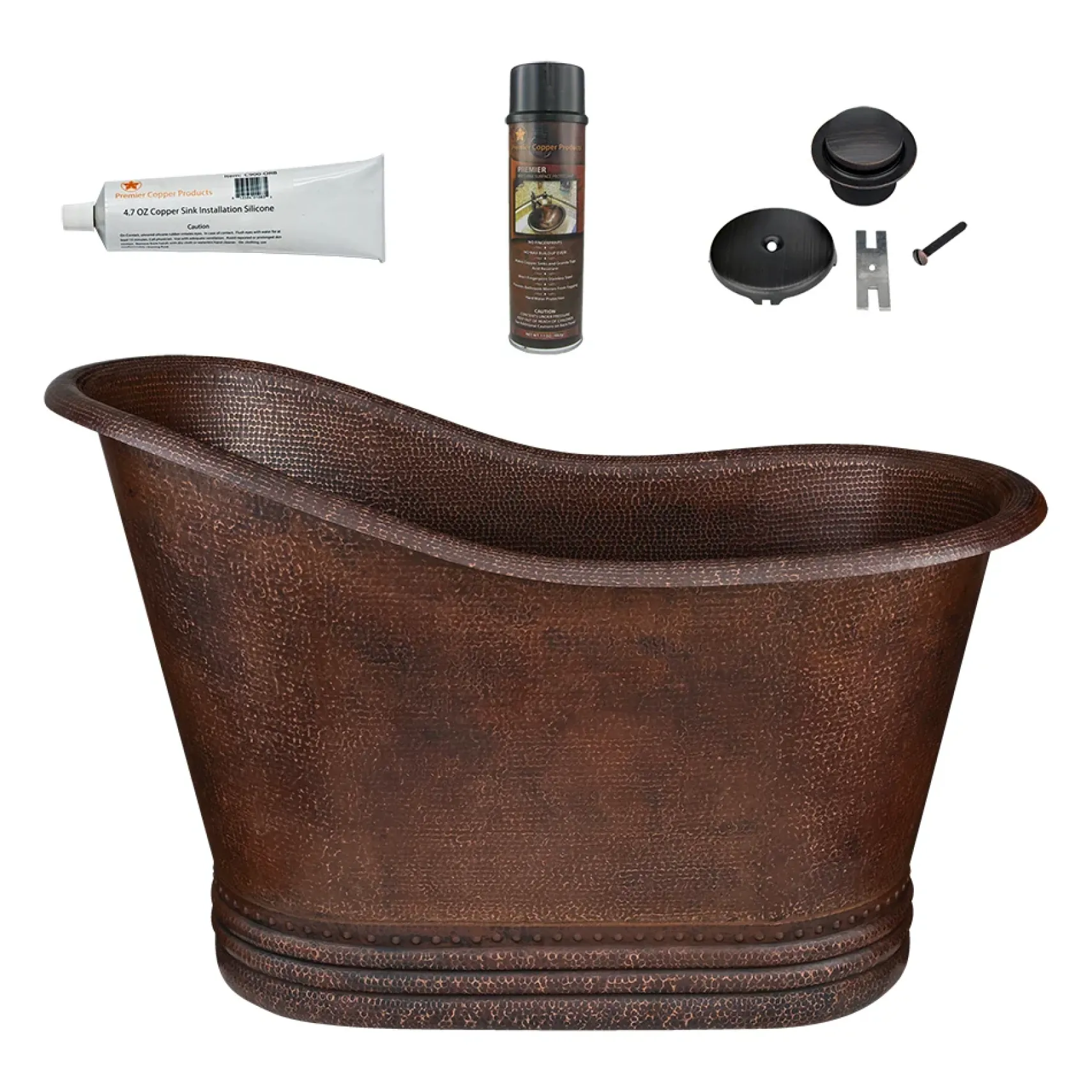 Premier Copper Products 52" Small Hammered Copper Single Slipper Bathtub and Drain Package, Oil Rubbed Bronze, BSP5_BTS52DB
