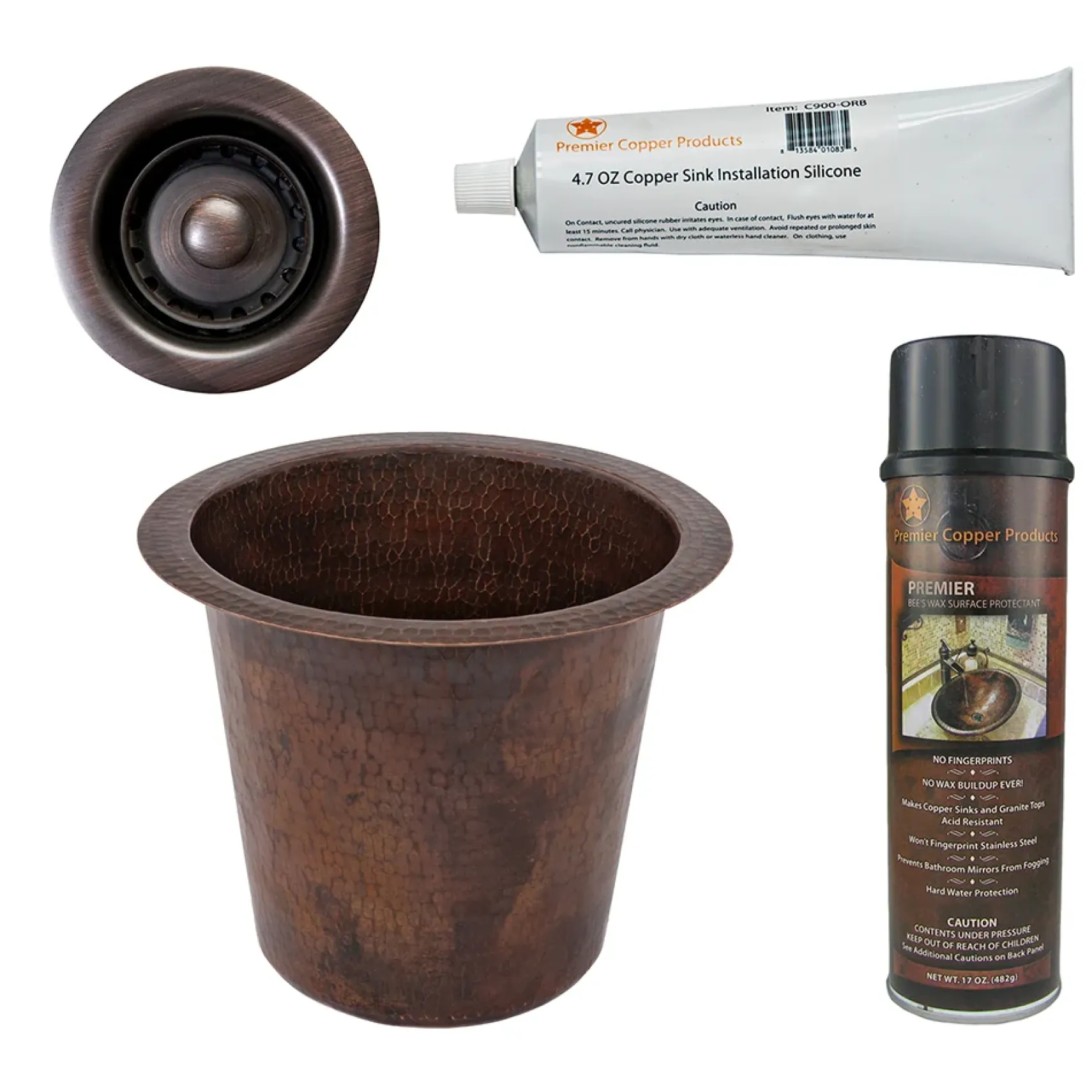 Premier Copper Products 12" Round Hammered Copper Champagne Bar/Prep Sink, Matching Drain and Accessories, Oil Rubbed Bronze, BSP5_BR12WDB-B