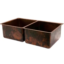 Premier Copper Products 33" Hammered Copper Kitchen 50/50 Double Basin Sink with Matching Drains, and Accessories, Oil Rubbed Bronze, KSP3_K50DB33199