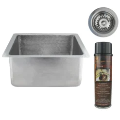Premier Copper Products 16" Square Hammered Copper Bar/Prep Sink in Nickel w/ 3.5" Drain Opening, Matching Drain and Accessories, BSP5_BS16EN3-D