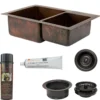 Premier Copper Products 33" Hammered Copper Kitchen 60/40 Double Basin Sink with Matching Drains, and Accessories, Oil Rubbed Bronze, KSP3_K60DB33229