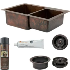 Premier Copper Products 33" Hammered Copper Kitchen 60/40 Double Basin Sink with Matching Drains, and Accessories, Oil Rubbed Bronze, KSP3_K60DB33229